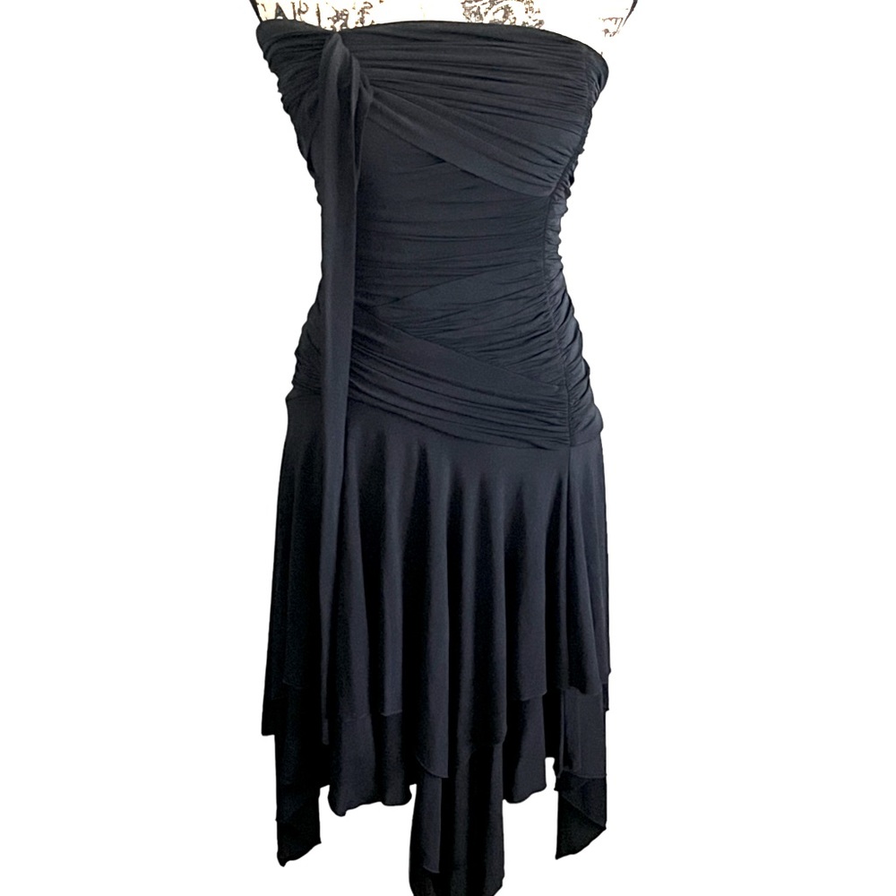 Ideology black tube top dress, runched waist asymmetric hem in Size Small